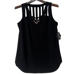 NWT AUW Black Sleeveless Top Cutout Neckline Gold Detail Modern Blouse